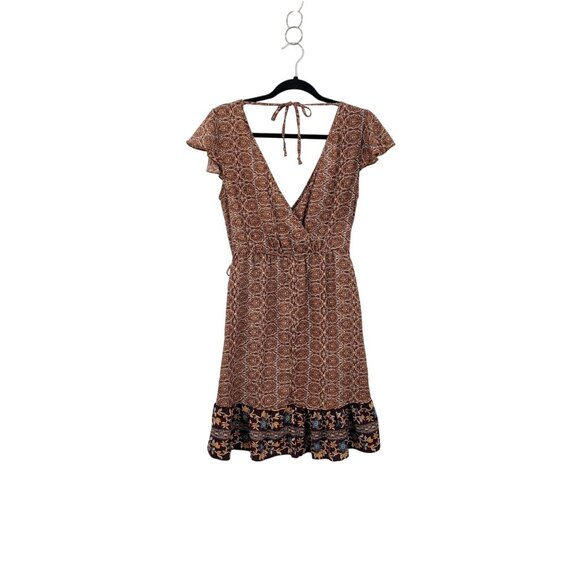 Y2K Boho Flutter Sleeve Faux Wrap Baby Doll Mini Dress Sz M Ruffle Hem Brown - Picture 7 of 13
